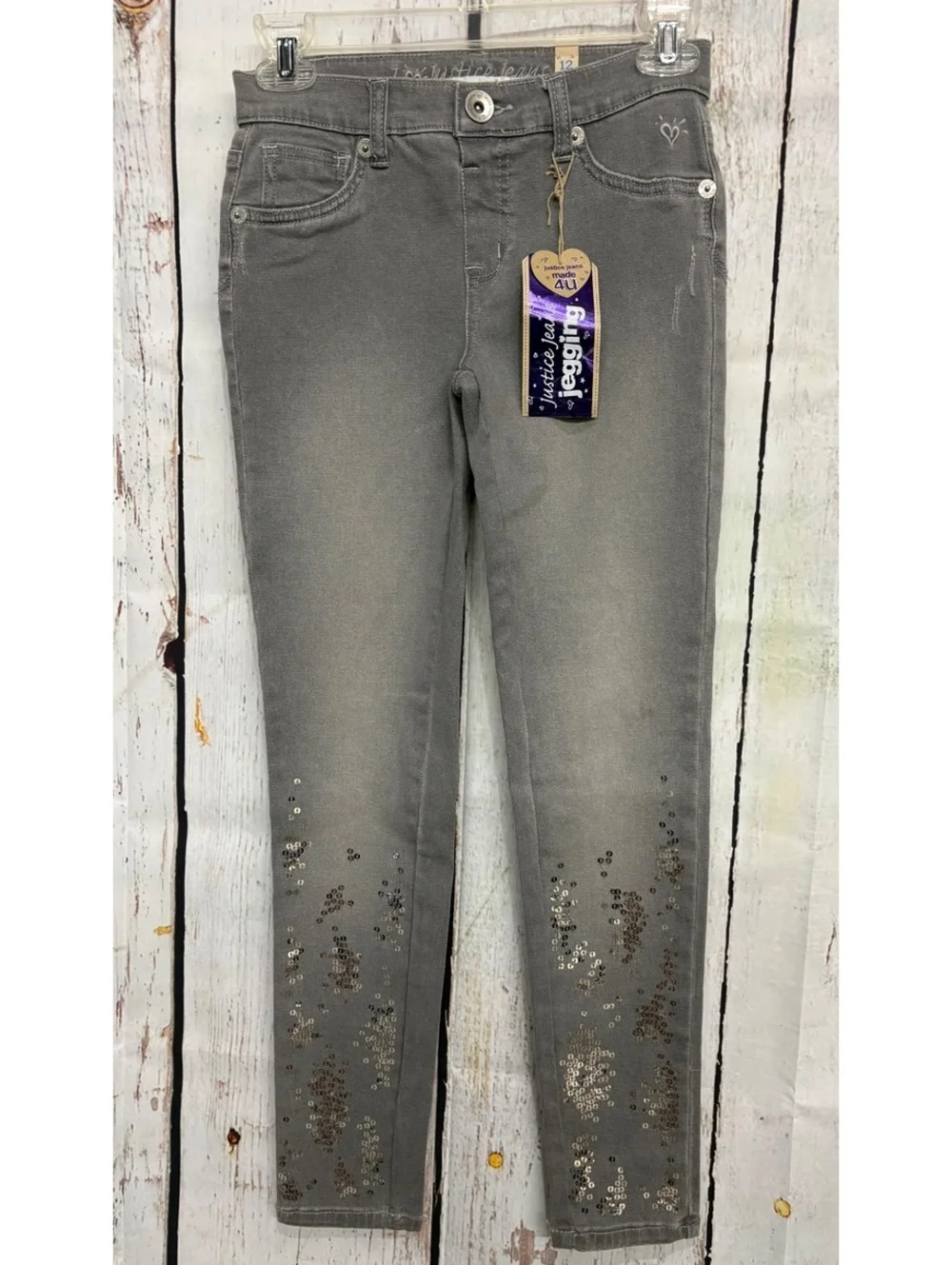 Justice Girls' Made 4U Simply Low Grey Jeggings With Silver Sequins Size 12R